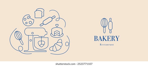 Hand drawn illustration for Bakery. Icons. Food processor, cake, rolling pin, dough, whisk, bakeware dish, cookie and croissant. Template for background, banner, menu, card, poster. Vector EPS10 