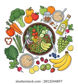 Hand drawn illustration of a balanced diet with a central salad bowl surrounded by assorted fresh produce including broccoli carrots fruits and grains