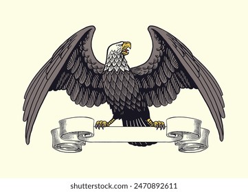 Hand Drawn Illustration of bald Eagle Perched on Ribbon Vintage