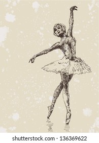 Hand drawn illustration of ballet dancer, retro style