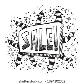 Hand drawn illustration of banner with sale text. The sale text and banner, inner scribbles in the letters and arrows, other elements are layered separately. You can change colors easily.