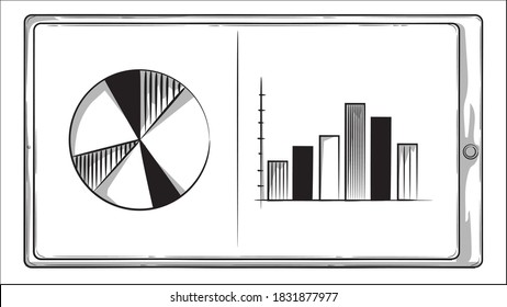 Hand drawn illustration of  bar graph and pie chart as seen inside a tablet