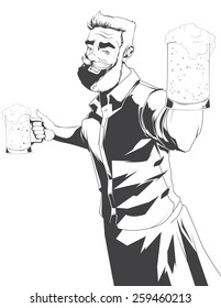 Hand drawn illustration of bartender with two beer mugs