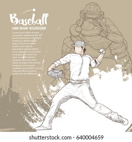 Hand drawn illustration of baseball players on design background