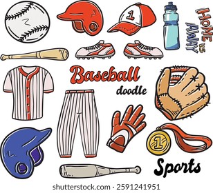 Hand drawn illustration of baseball thing. Baseball Doodles consist of hat, shirt, cap batter and other in colorful illustration.