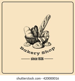 Hand drawn illustration of basket with different kinds of  bread isolated . Bakery product. Template for poster business card banner label and icon for bakery shop and menu. Bakery hand sketched. 