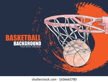 hand drawn illustration of Basketball hoop on modern background.