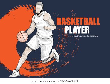 hand drawn illustration of basketball player dribbling on modern background.