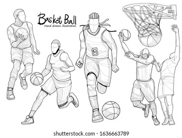 hand drawn illustration of basketball player set on white background.