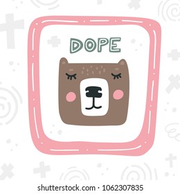 Hand drawn illustration of bear face. Cartoon character for kids, toddlers and babies fashion.