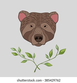 Hand drawn illustration of bear. Head, portrait with leaves. Vector