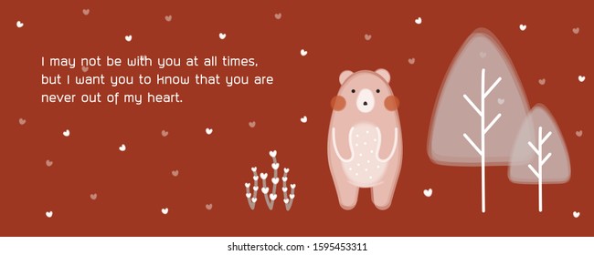 Hand drawn illustration with bear, hearts and english text. Be mine. Color red background. Poster design with animal. Decorative backdrop vector.  