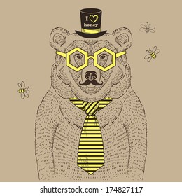 Hand drawn illustration of bear in tie and top hat, I love honey