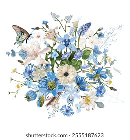 Hand drawn illustration of a beautiful anemones, tulip, poppy and tropical blue flowers bouquet. Element for wedding invitation, Valentine or others.