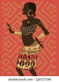 Hand drawn illustration  Beautiful black woman.African woman. Dancing woman