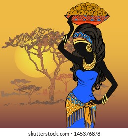 Hand drawn illustration  Beautiful black woman.African woman