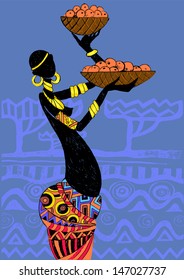 Hand drawn illustration  Beautiful black woman.African woman