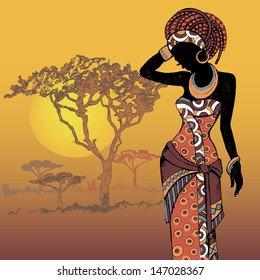 Hand drawn illustration  Beautiful black woman.African woman