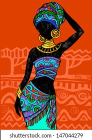 Hand drawn illustration  Beautiful black woman.African woman