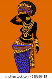Hand drawn illustration Beautiful black woman.African woman