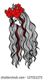 Hand drawn illustration of a beautiful long-haired girl. Black and red colors.