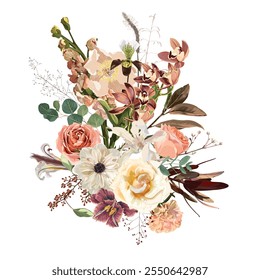 Ilustração desenhada à mão de uma bela orquídea, tulipa, rosa e buquê de flores tropicais marrons. Elemento para convite de casamento, Valentim ou outros.
