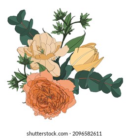 Hand drawn illustration of a beautiful peonies and tulips flowers bouquet. Element for wedding invitation, Valentine or others.