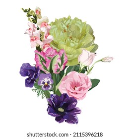 Hand drawn illustration of a beautiful peonies and garden flowers bouquet. Element for wedding invitation, Valentine or others.