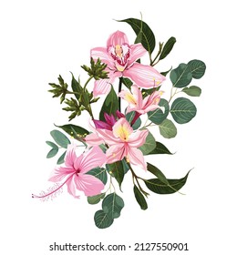 Hand drawn illustration of a beautiful pink tropical flowers , eucaliptus branch bouquet. Element for wedding invitation, Valentine or others.