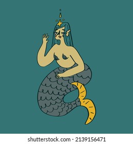 A hand drawn illustration of a beautiful young princess mermaid. An underwater mythical creature with a tail. A vector illustration EPS10