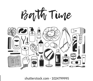 Hand drawn illustration beauty products. Creative ink art work. Actual vector bath drawing 