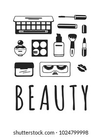 Hand drawn illustration beauty products . Creative ink art work. Actual vector makeup drawing 