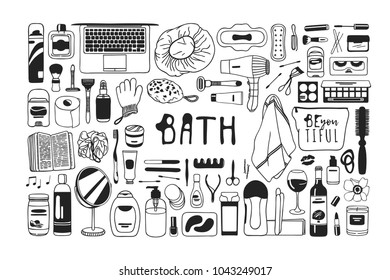 Hand drawn illustration beauty products. Creative ink art work. Actual vector bath drawing 