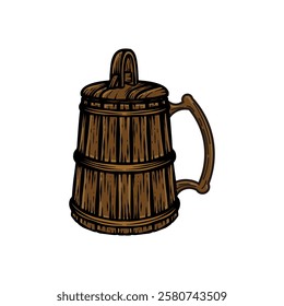 hand drawn illustration of a beer glass made of wood