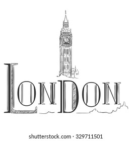 Hand drawn illustration with Big Ben. London, the UK. Vector design elements