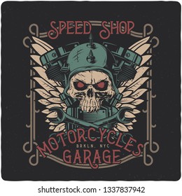 Hand drawn illustration of a biker skull and motorcycle parts. T-shirt or poster illustration with text composition.