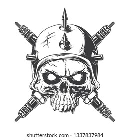 Hand drawn illustration of a biker skull and spark plugs. Isolated on white background.