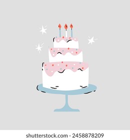 Hand drawn illustration of a birthday cake with three candles, decorating with icing and butter cream. Perfect for baked goods and dessert lovers