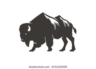 Ilustración dibujada a mano de silueta de bisonte con montaña