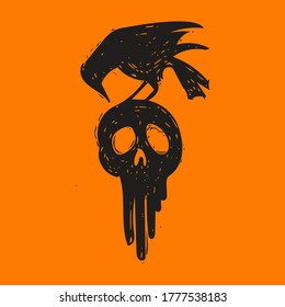Hand drawn illustration of a black crow sitting on top of a melting human skull. 