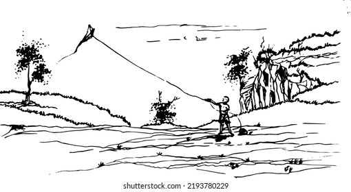 Hand drawn illustration. Black on white background sketch art with kids playing a kite on main view. Using for travel and nature background