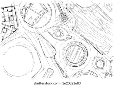 Hand drawn Illustration with black outline of bakery countertop backdrop and bakery utensils and ingredients. Bread baking and pie making scenery.