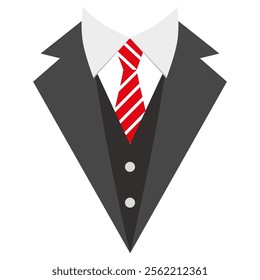 Hand drawn illustration of black tuxedo with red striped tie on white background.