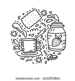 Hand drawn illustration in black and white doodle style with symbols of coffee, tea, jam, biscuit, coffee beans. Vector illustration
