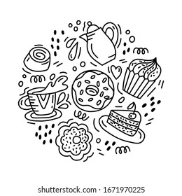 Hand drawn illustration in black and white doodle style with symbols of tea, coffee, biscuit, candy, donut. Vector illustration. For bakery restaurant cafe menu
