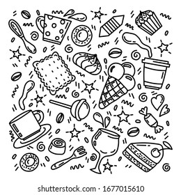 Dibujo a mano en estilo doodle en blanco y negro con símbolos de té, café, galletas, dulces, helados. Ilustración vectorial para el café de menú, restaurante, panadería