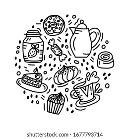 Hand drawn illustration in black and white doodle style with symbols of tea, coffee, jam, biscuit, candy, marshmallow. Vector illustration for cafe, bakery, restaurant