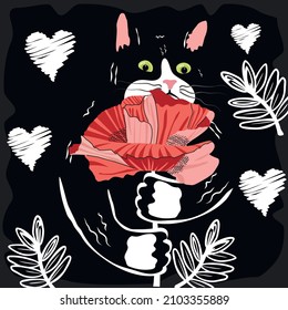 Hand drawn illustration with black and white cat.Print with animal character holding a red poppy flower in his paws.Black background with white hearts and twigs.Template for greeting cards,poster.