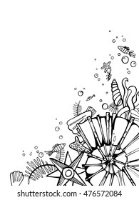 Hand drawn illustration in black and white colors. Vintage Summer Sea Shells Banner Design. Vector Background with Seashells, Seastar and Sand. Hand Drawn Etching Style.