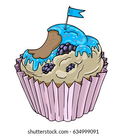 Hand drawn illustration with blackberry cake and blue flag
